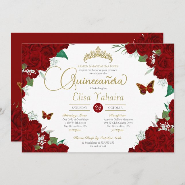 Burgundy Red Roses Floral Butterfly Quinceanera Invitation (Front/Back)
