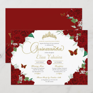 Burgundy Red Roses Floral Butterfly Quinceanera Invitation