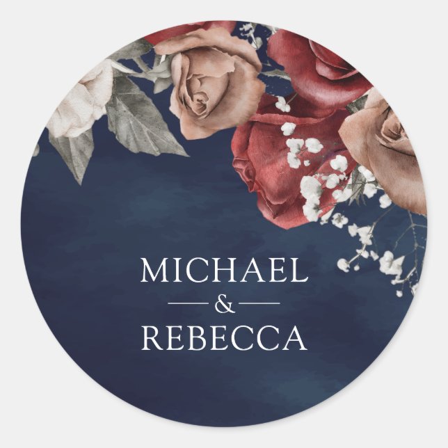 Burgundy Red Roses Floral Navy Blue Wedding Favor Classic Round Sticker (Front)