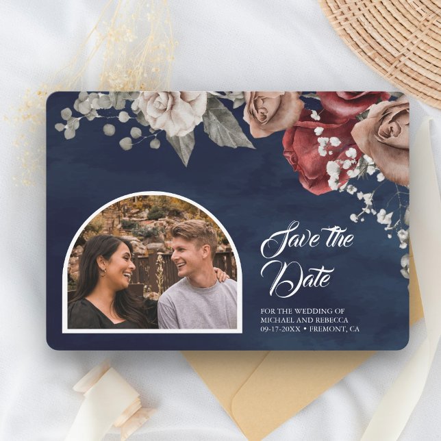 Burgundy Red Roses Floral Navy Blue Wedding Photo Save The Date (Creator Uploaded)