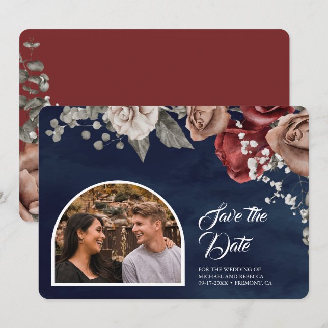 Burgundy Red Roses Floral Navy Blue Wedding Photo Save The Date (Front/Back)