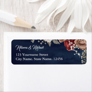 Burgundy Red Roses Floral Navy Blue Wedding Return Address Label