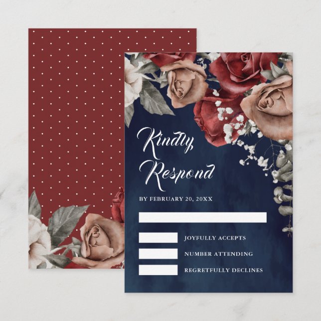 Burgundy Red Roses Floral Navy Blue Wedding RSVP Card (Front/Back)