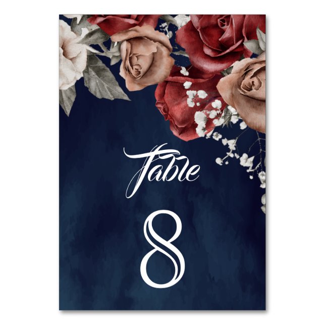 Burgundy Red Roses Floral Navy Blue Wedding Table Number (Front)