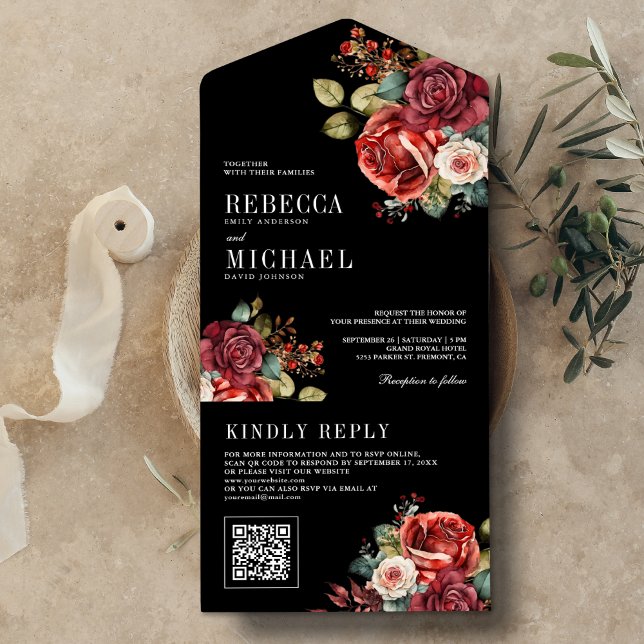 Burgundy Red Roses Floral QR Code Black Wedding All In One Invitation (Creator Uploaded)