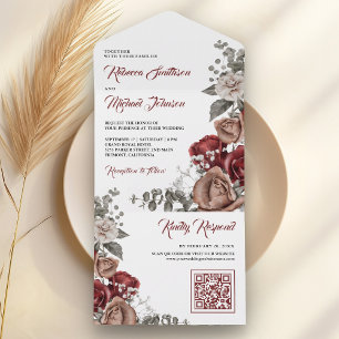 Burgundy Red Roses Floral QR Code Wedding All In One Invitation