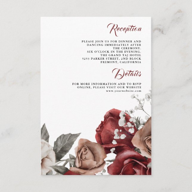 Burgundy Red Roses Floral Wedding Details Enclosure Card (Front)