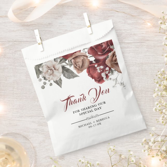 Burgundy Red Roses Floral Wedding Favour Bag (Clipped)