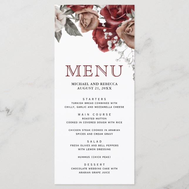 Burgundy Red Roses Floral Wedding Menu (Front)