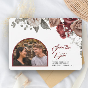 Burgundy Red Roses Floral Wedding Photo Save The Date