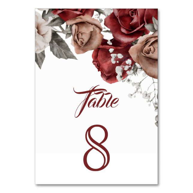 Burgundy Red Roses Floral Wedding Table Number (Front)
