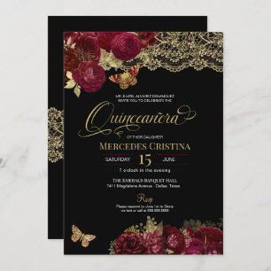 Burgundy Red Roses Gold Lace Butterfly Quinceañera Invitation