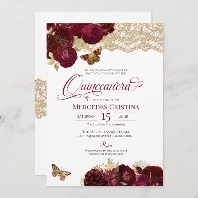 Burgundy Red Roses Gold Lace Butterfly Quinceañera Invitation (Front/Back)