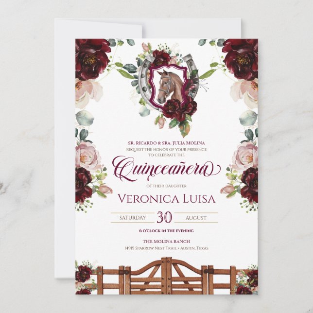 Burgundy Red Roses Horse Crest Rustic Quinceanera  Invitation (Front)