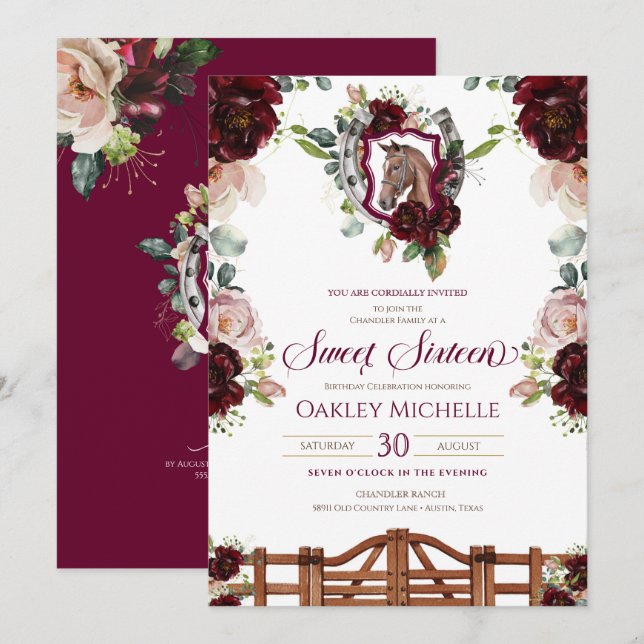 Burgundy Red Roses Horse Crest Sweet 16 Birthday Invitation (Front/Back)