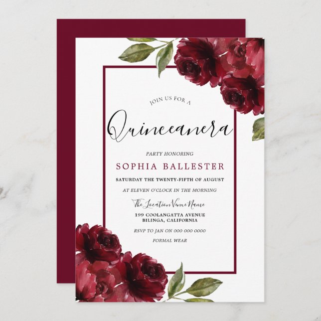 Burgundy Red Roses Modern Quinceanera Party Invitation (Front/Back)