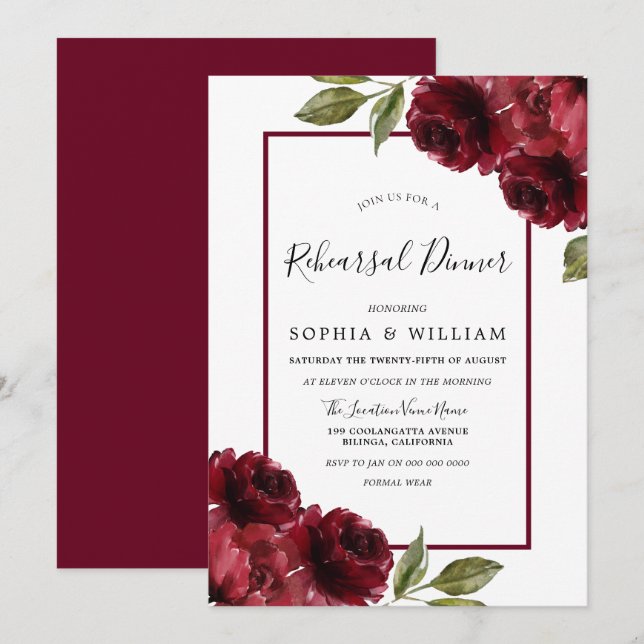Burgundy Red Roses Modern Rehearsal Dinner Invitation (Front/Back)