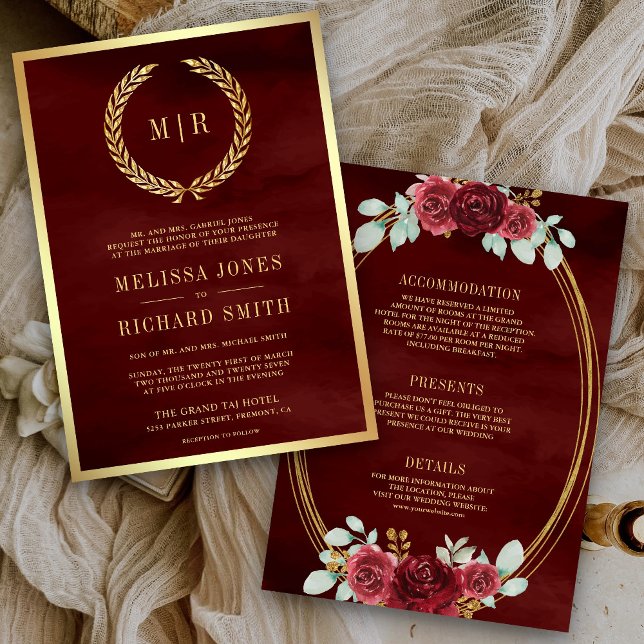 Burgundy Red Roses Monogram All in One Wedding Invitation (Creator Uploaded)