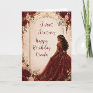 Burgundy Red Roses Sweet Sixteen Gold Party Card