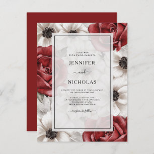 Burgundy Red Roses White Anemone Floral Wedding  Invitation Postcard