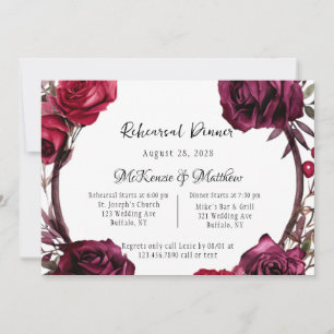 Burgundy Red Roses Wreath Rehearsal Dinner  Invitation