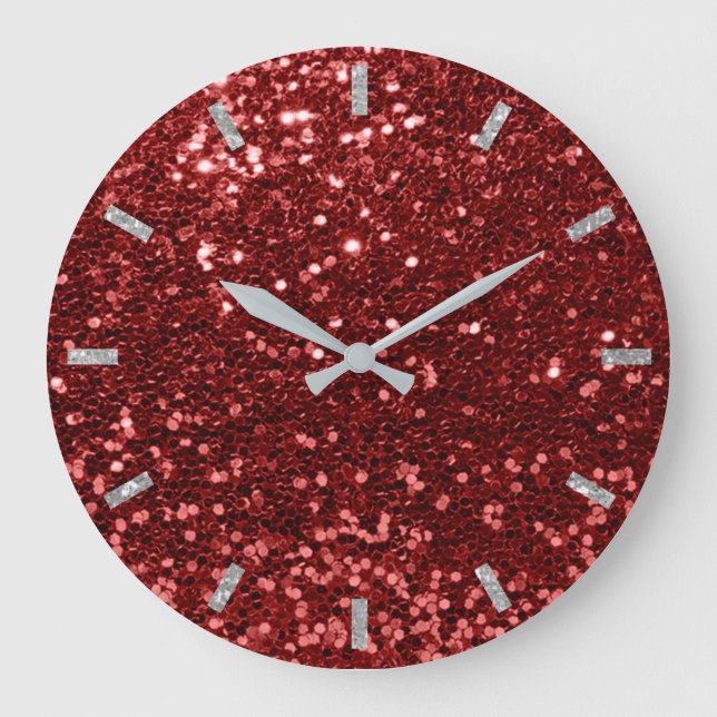 Burgundy Red Ruby Sparkly Bean Glitter Grey Glam Large Clock (Front)