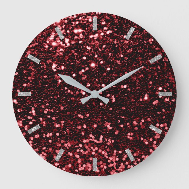 Burgundy Red Ruby Sparkly Faux Glitter Gray Glam Large Clock (Front)
