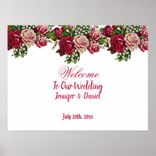  Burgundy Red Rustic Roses Country Wedding Welcome Poster