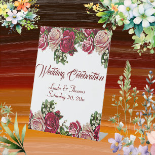 Burgundy Red Rustic Roses Floral Country Wedding Pedestal Sign