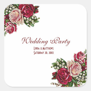 Burgundy Red Rustic Roses Floral Country Wedding Square Sticker