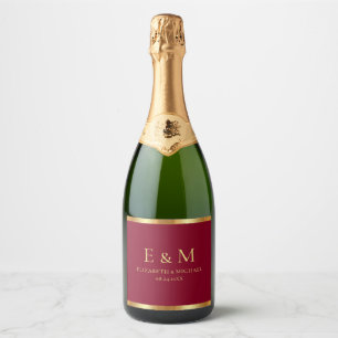 Burgundy Red Save the Date Gold Text Monogram Sparkling Wine Label