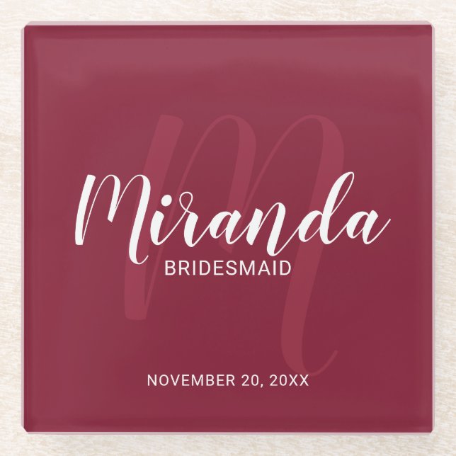 Burgundy Red Script Personalised Bridesmaids Glass Coaster (Front)