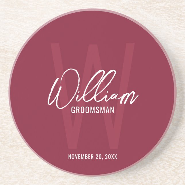 Burgundy Red Script Personalised Groomsman's Name Coaster (Front)
