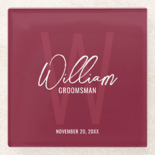 Burgundy Red Script Personalised Groomsman's Name Glass Coaster