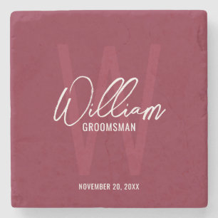 Burgundy Red Script Personalised Groomsman's Name Stone Coaster