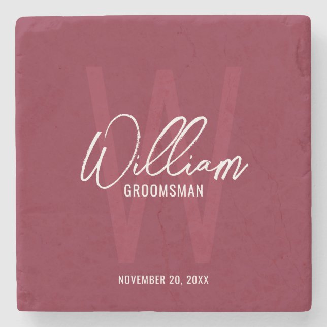 Burgundy Red Script Personalised Groomsman's Name Stone Coaster (Front)