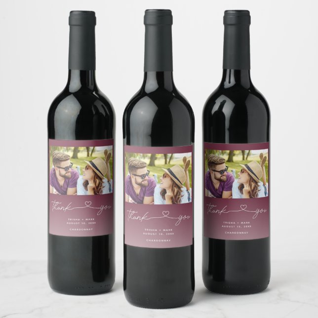 Burgundy Red Script Photo Thank You Wedding Favour Wine Label (Bottles)
