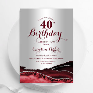 Burgundy Red Silver Agate 40th Birthday Party Invitation