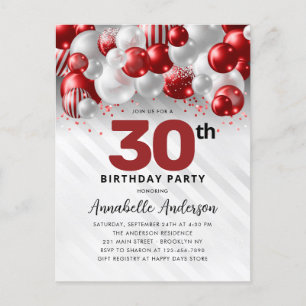 Burgundy Red Silver Balloon Glitter 30th Birthday  Postcard