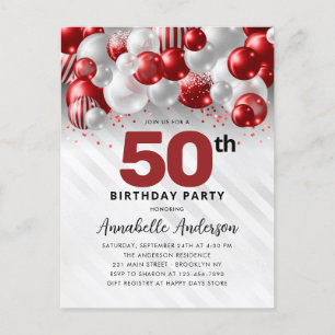 Burgundy Red Silver Balloon Glitter 50th Birthday  Postcard