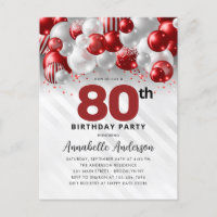 Burgundy Red Silver Balloon Glitter 80th Birthday