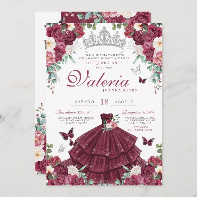 Burgundy Red & Silver Butterfly Floral Quinceañera Invitation (Front/Back)