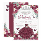 Burgundy Red & Silver Butterfly Floral Quinceañera
