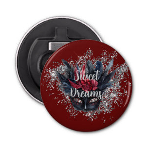 Burgundy Red Silver Glitter Feathered Mask Bottle Opener