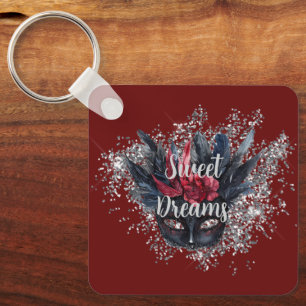 Burgundy Red Silver Glitter Feathered Mask Key Ring