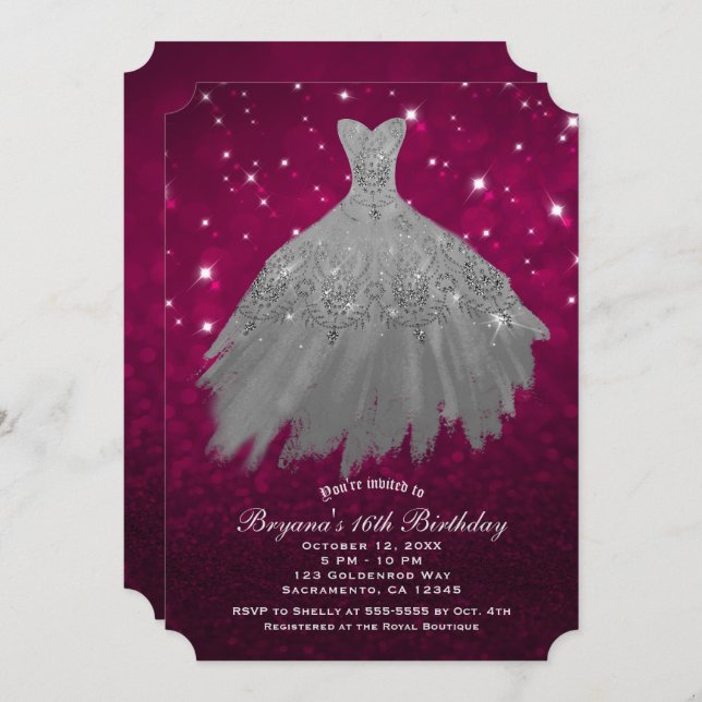 Burgundy Red & Silver Sparkle Dress Sweet 16 Party Invitation (Front/Back)