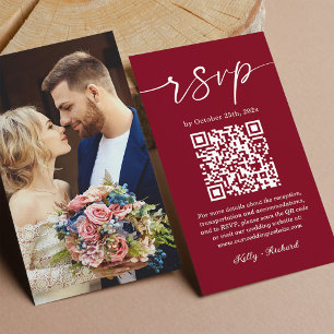Burgundy Red Small Wedding RSVP Online QR Code Enclosure Card