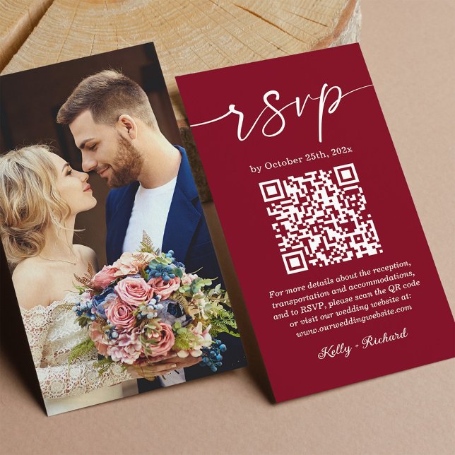 Burgundy Red Small Wedding RSVP Online QR Code Enclosure Card (Creator Uploaded)