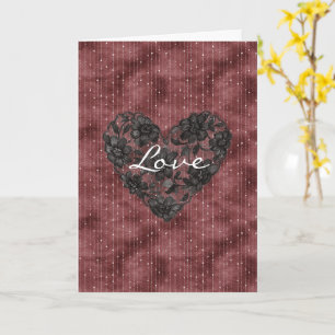 Burgundy Red Stripes Black Faux Lace Floral Heart Card