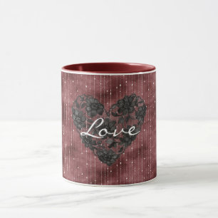 Burgundy Red Stripes Black Faux Lace Floral Heart Mug